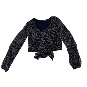 Abercrombie Fitch Crop Tie Front Top Womens XXS Black Leopard Print Long Sleeve‎